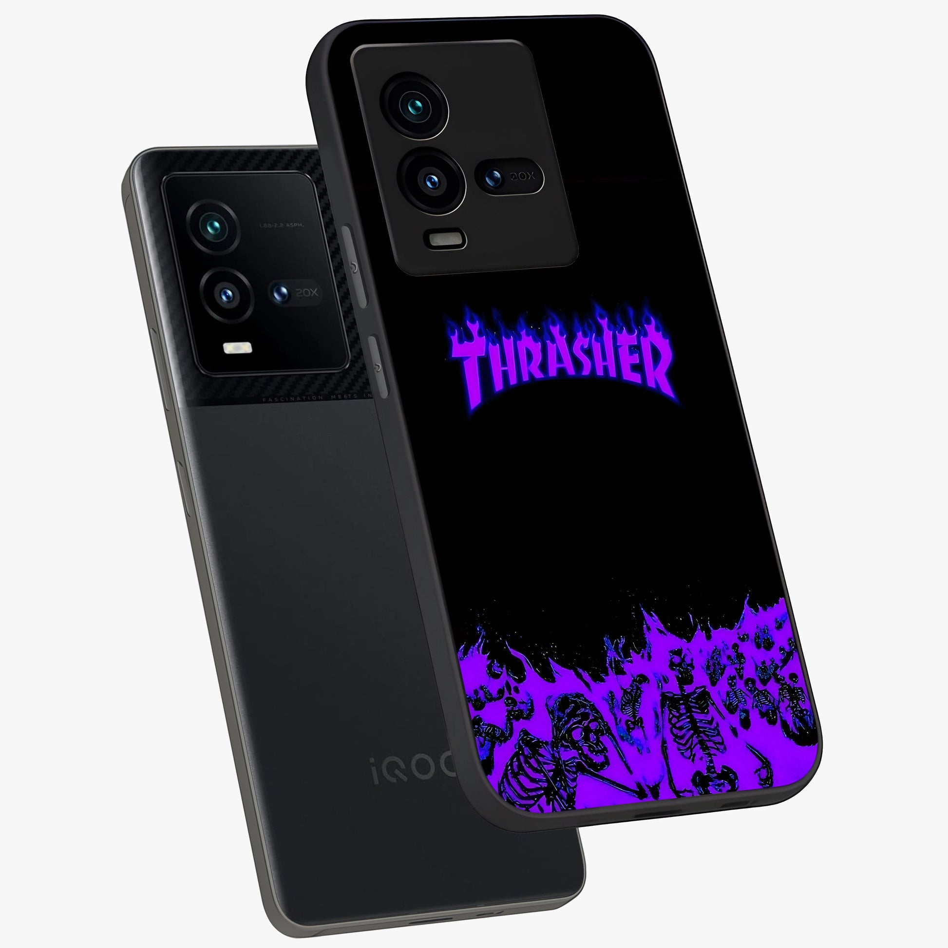 Neon Flame Riot Glass Case displayed in angled mockup highlighting glowing flame design with vibrant neon aesthetic.