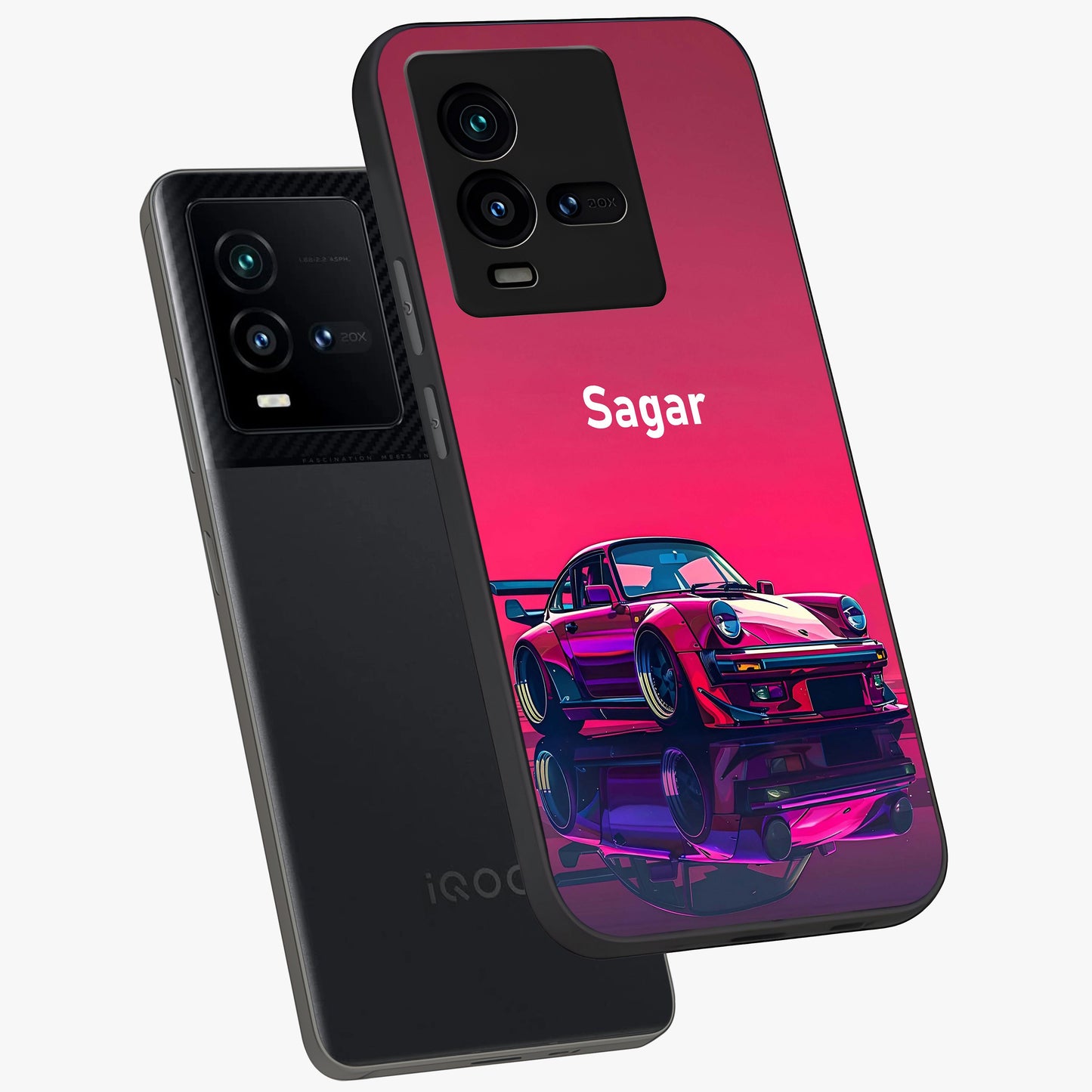Neon Pink Porsche Glass Case displayed in angled mockup highlighting sleek neon pink car design with racing aesthetic.