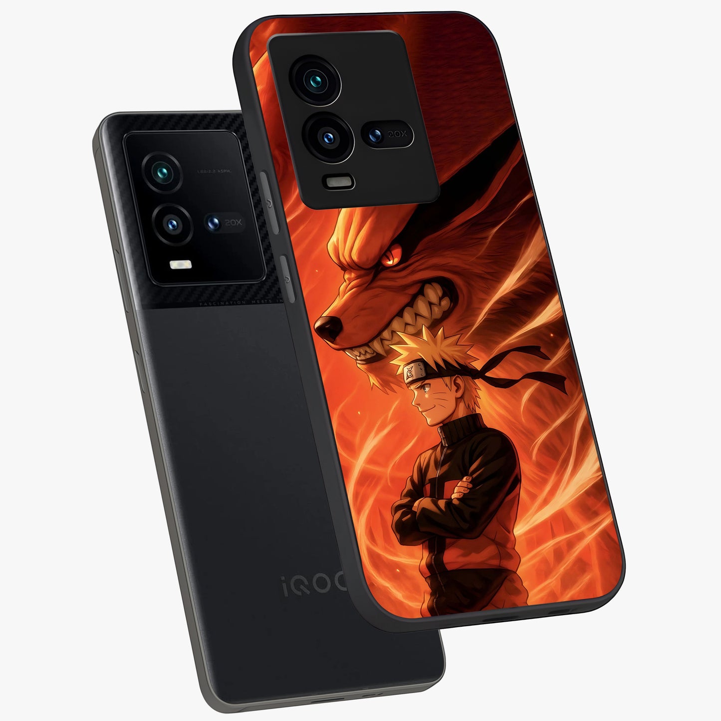 Nine Tails Legacy Glass Case displayed in angled mockup highlighting dynamic anime beast illustration with bold mystical aesthetic.