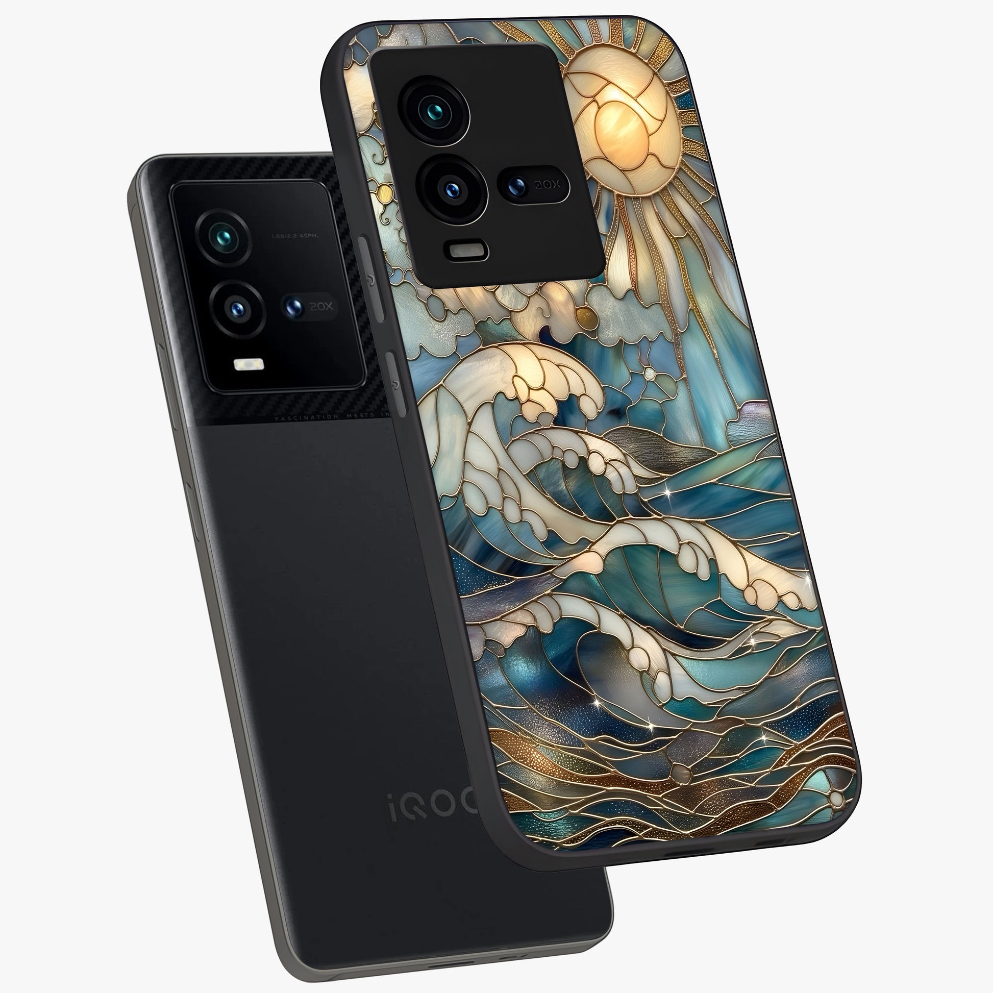 Oceanic Stained Printed Glass Case displayed in angled mockup highlighting colorful aquatic design with artistic aesthetic style.