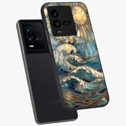 Oceanic Stained Printed Glass Case displayed in angled mockup highlighting colorful aquatic design with artistic aesthetic style.