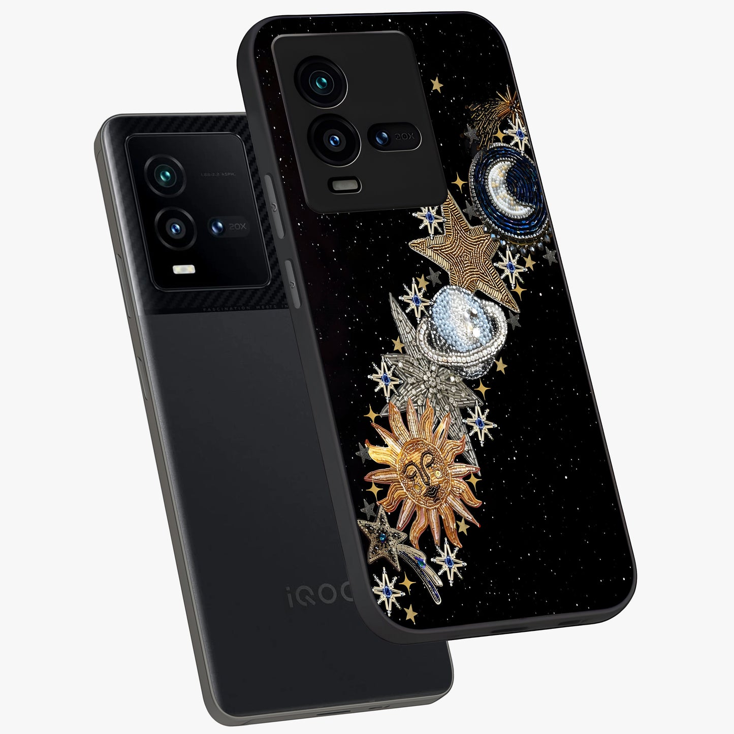 Pearls Universe Object Glass Case displayed in angled mockup highlighting celestial pearl design with dreamy aesthetic.