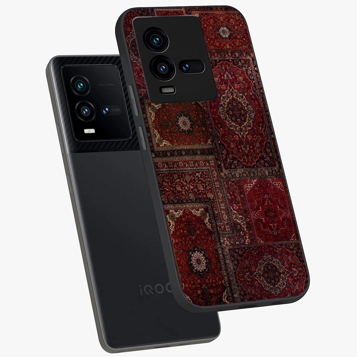 Persian Velvet Tale Glass Case displayed in angled mockup highlighting ornate textile inspired design with royal aesthetic.