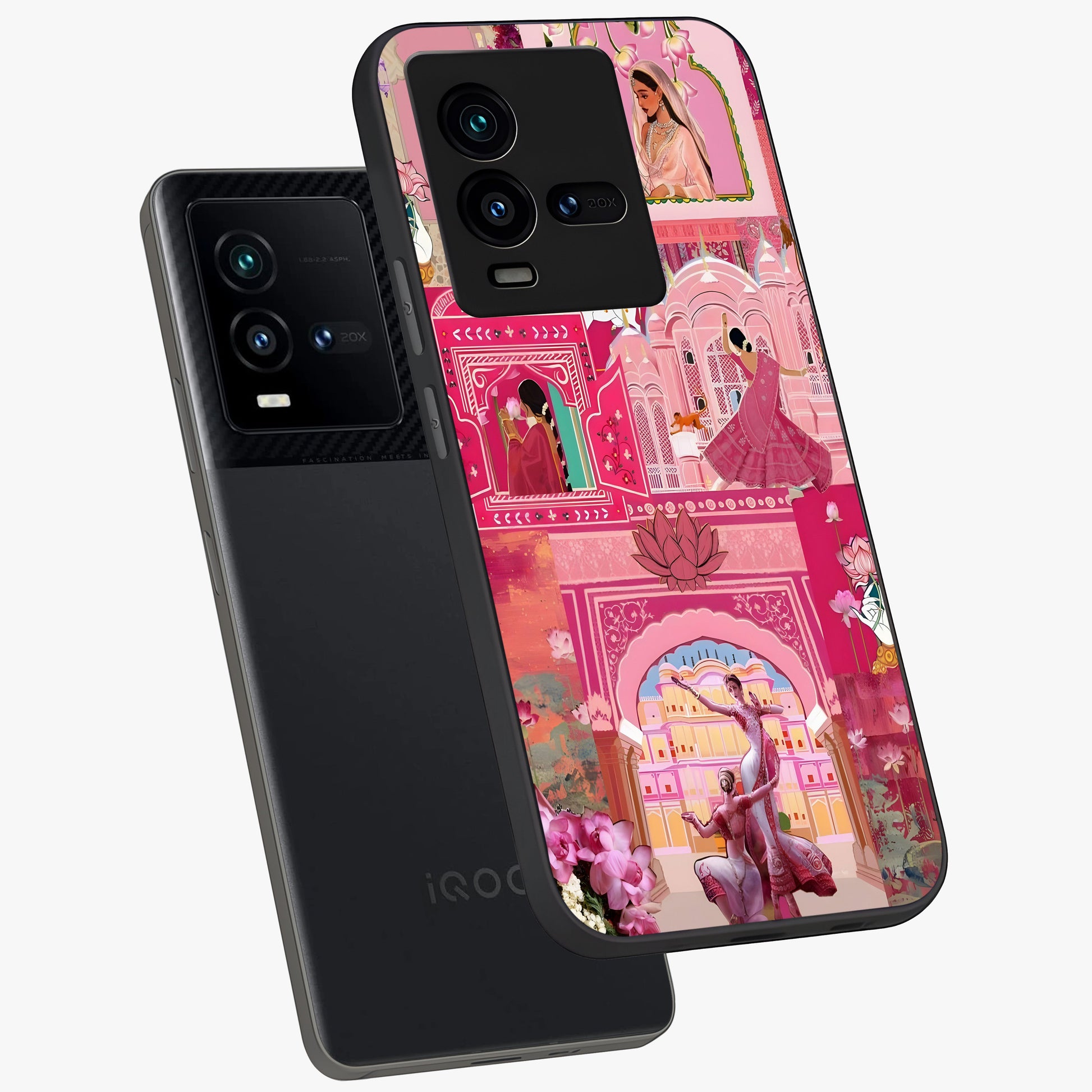 Pink Palace Muse Glass Case displayed in angled mockup highlighting dreamy palace illustration with soft pink aesthetic.