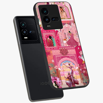 Pink Palace Muse Glass Case displayed in angled mockup highlighting dreamy palace illustration with soft pink aesthetic.