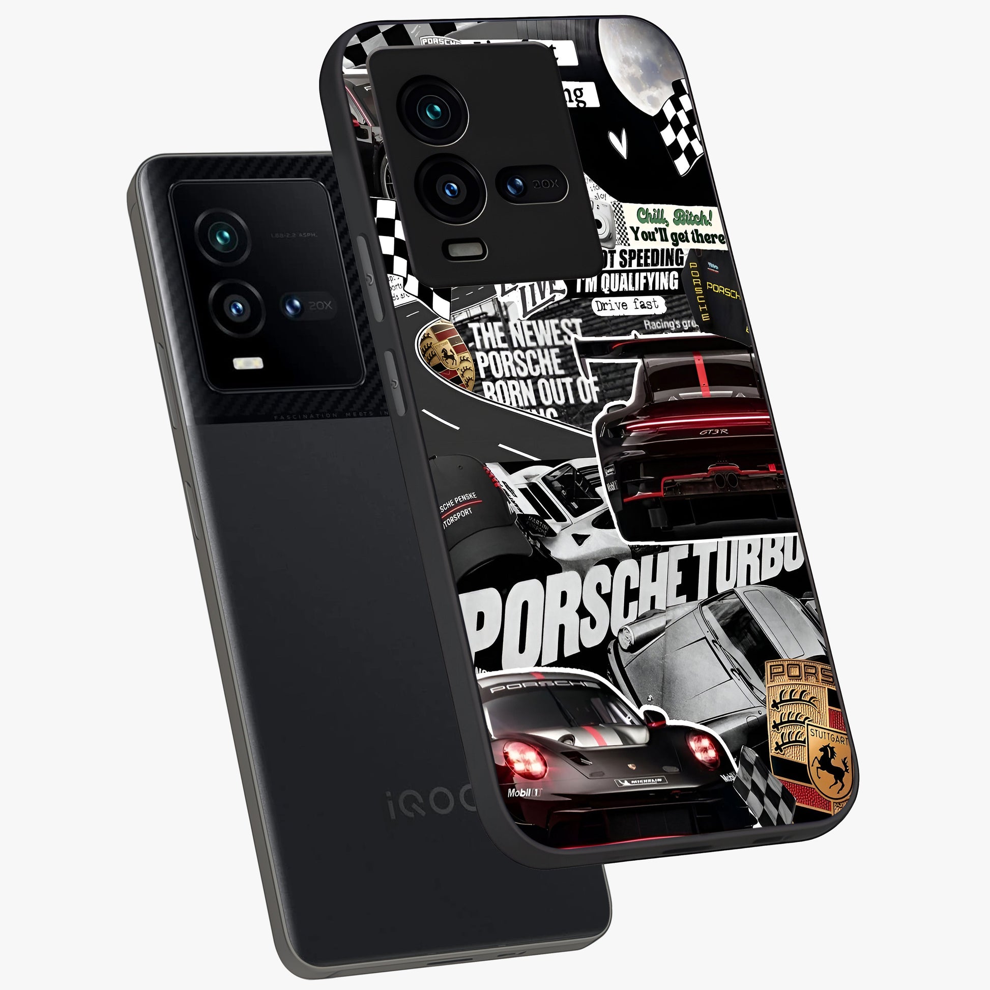 Porsche Racing Collage Glass Case displayed in angled mockup highlighting dynamic automotive design with bold racing aesthetic.
