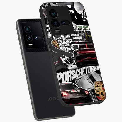 Porsche Racing Collage Glass Case displayed in angled mockup highlighting dynamic automotive design with bold racing aesthetic.