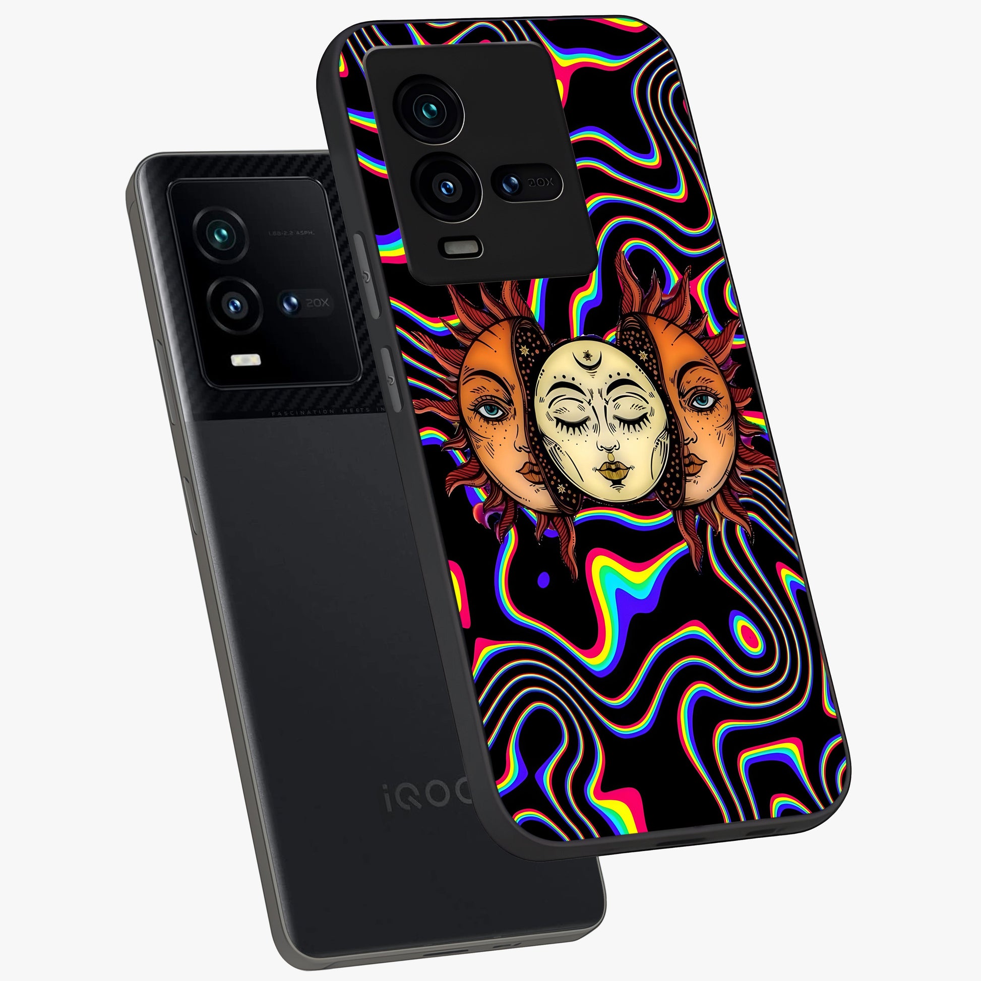Psychedelic Sun Glass Case displayed in angled mockup highlighting vibrant abstract sun design with artistic aesthetic style.