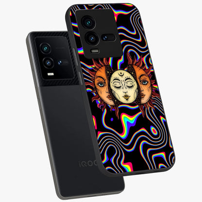 Psychedelic Sun Glass Case displayed in angled mockup highlighting vibrant abstract sun design with artistic aesthetic style.