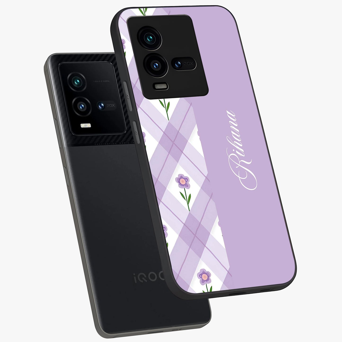 Purple Diamond Floral Glass Case displayed in angled mockup highlighting elegant purple flower design with decorative pattern.