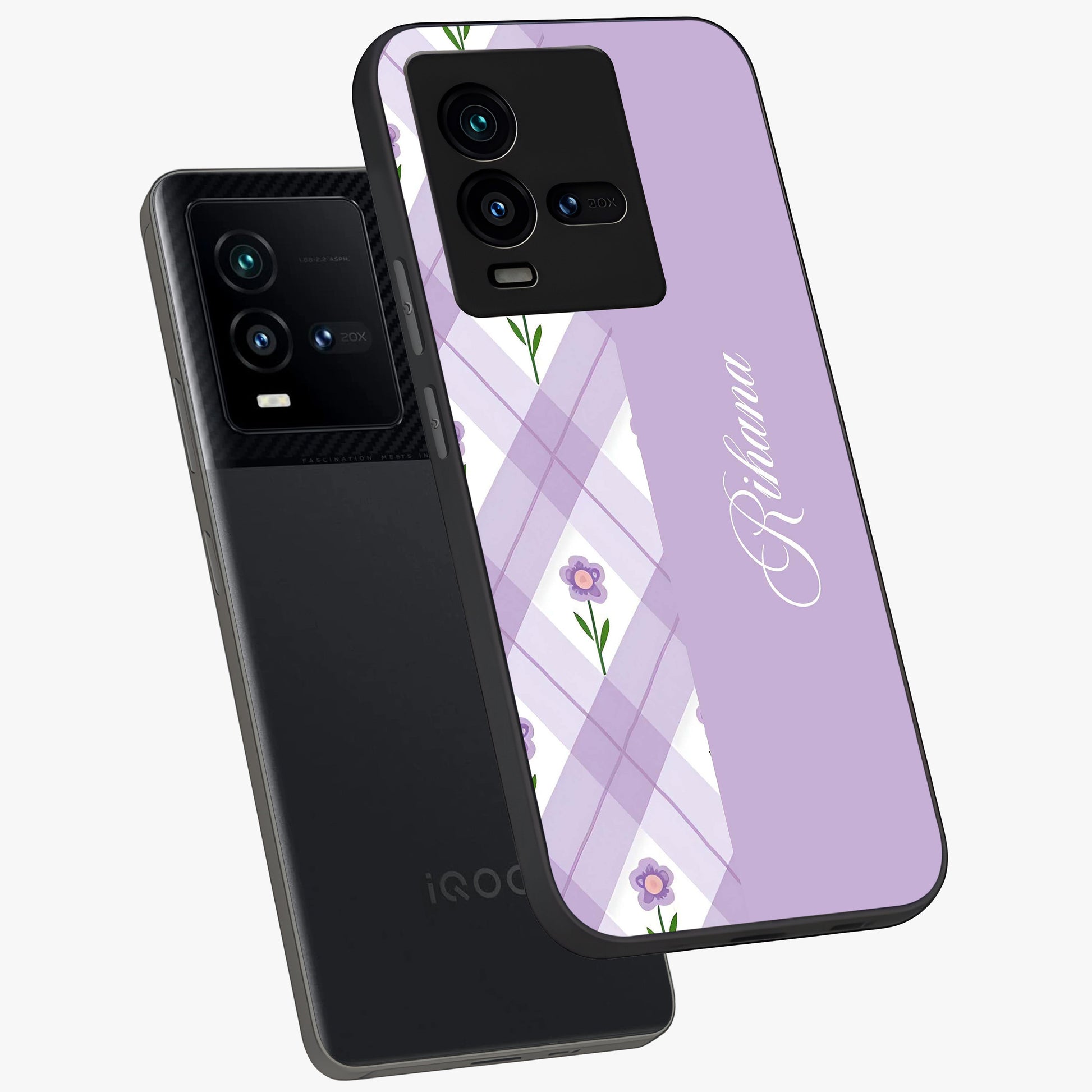 Purple Diamond Floral Glass Case displayed in angled mockup highlighting elegant purple flower design with decorative pattern.