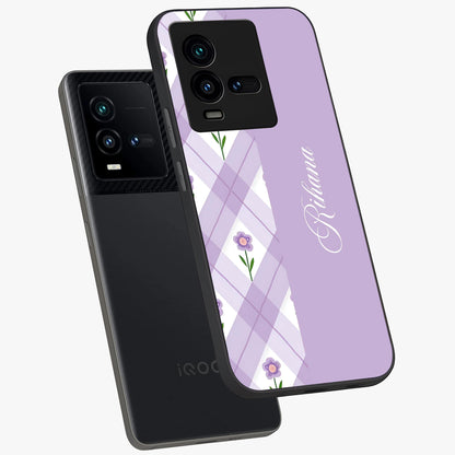Purple Diamond Floral Glass Case displayed in angled mockup highlighting elegant purple flower design with decorative pattern.