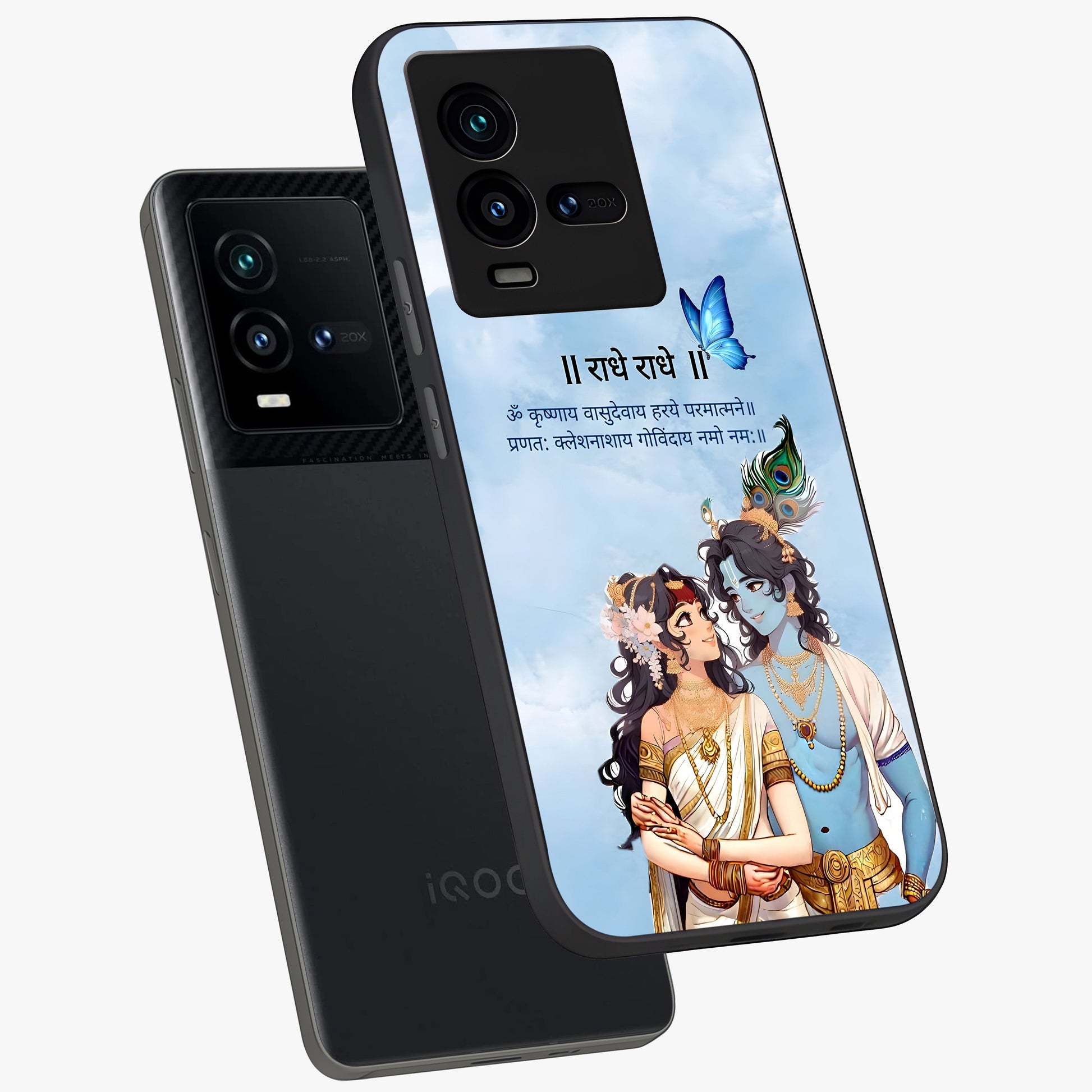 Radha Krishna Eternal Glass Case displayed in angled mockup highlighting divine Radha Krishna illustration with spiritual aesthetic.