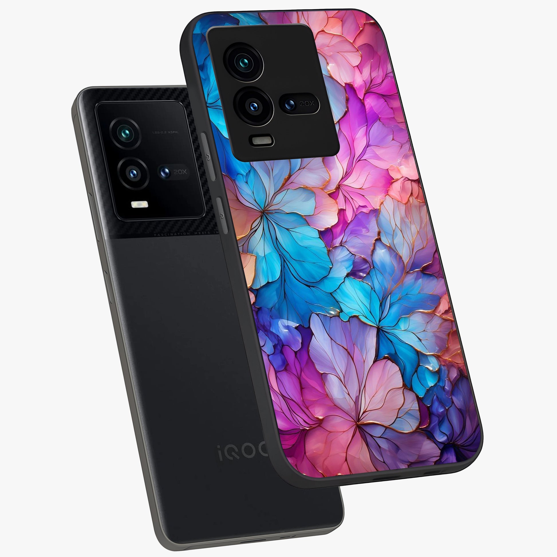 Radiant Floral Whirl Glass Case displayed in angled mockup highlighting vibrant flower pattern with dynamic artistic aesthetic.