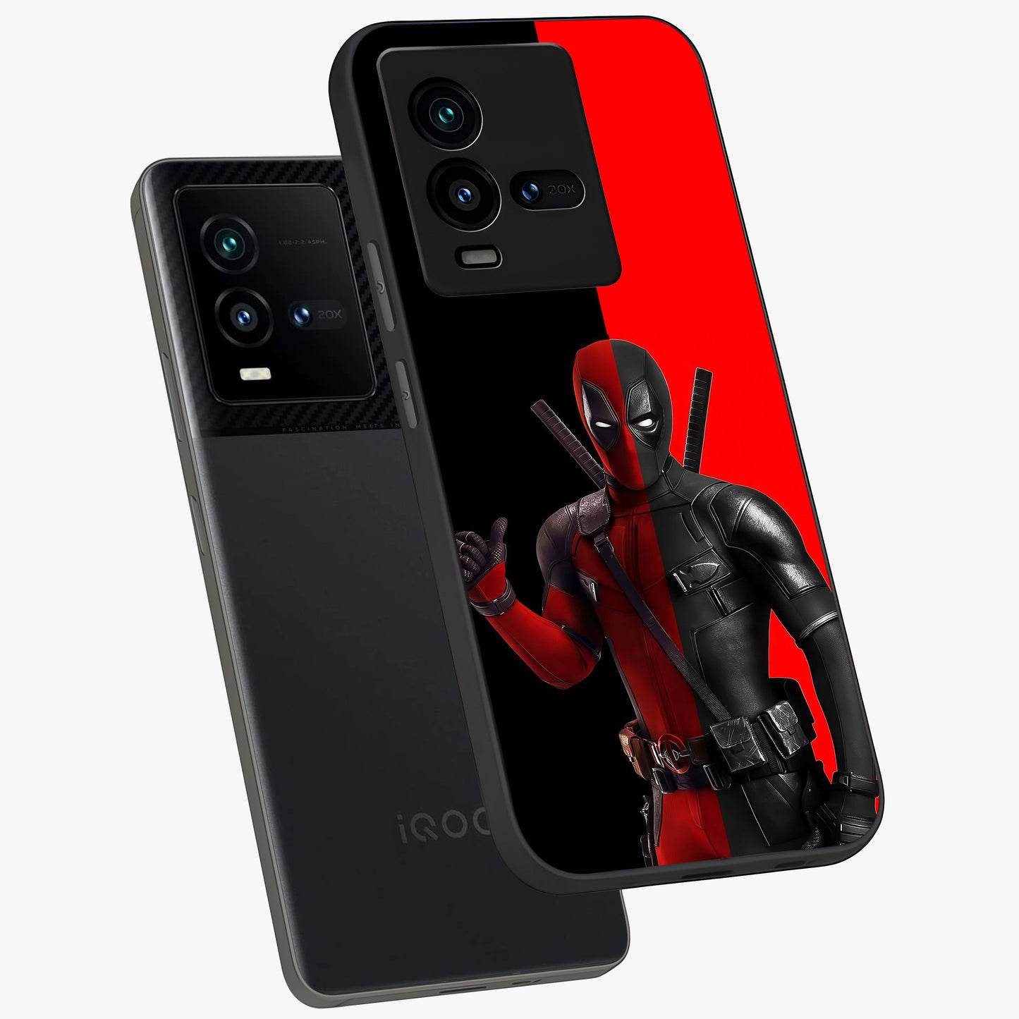 Red & Black Deadpool Theme Glass Case displayed in angled mockup highlighting vibrant superhero style illustration with action aesthetic.