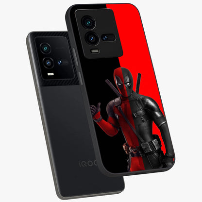 Red & Black Deadpool Theme Glass Case displayed in angled mockup highlighting vibrant superhero style illustration with action aesthetic.