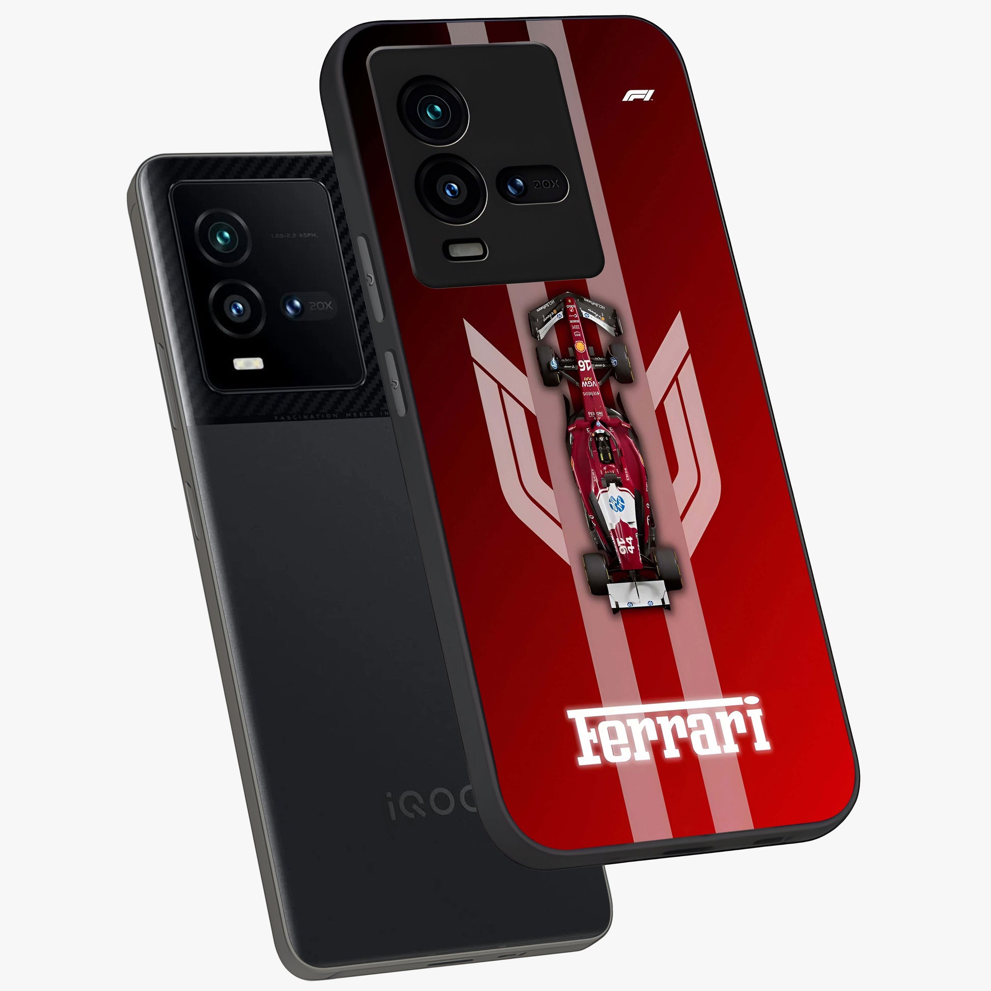 Red Ferrari F1 Vertical Glass Case displayed in angled mockup highlighting high speed racing design with bold automotive aesthetic.