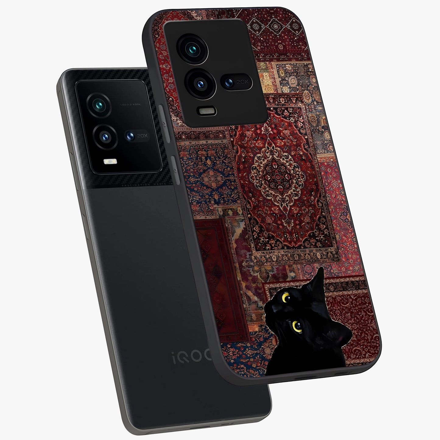 Regal Magic Cat Apple Glass Case displayed in angled mockup highlighting whimsical feline design with fantasy aesthetic.