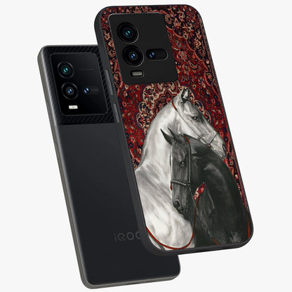 Regal Stallion Tapestry Glass Case displayed in angled mockup highlighting royal stallion design with decorative heritage aesthetic.
