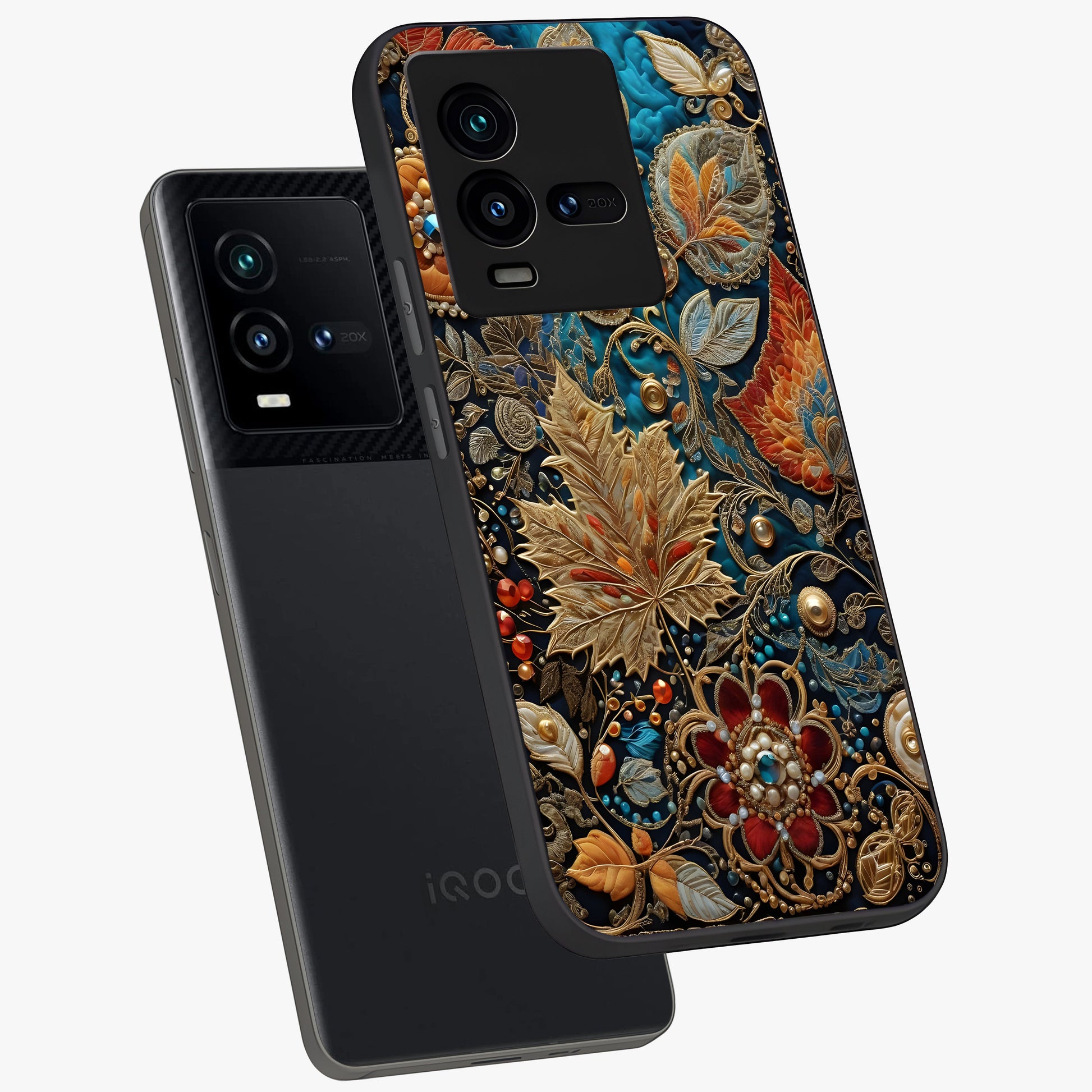Royal Jewel Garden Glass Case displayed in angled mockup highlighting vibrant jewel inspired floral design with elegant aesthetic.