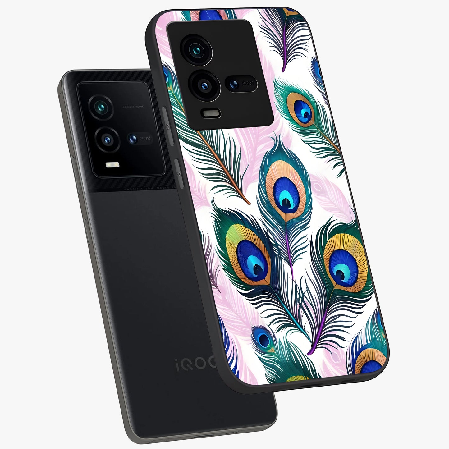 Royal Peacock Feathers Glass Case displayed in angled mockup highlighting vibrant feather pattern with regal aesthetic style.