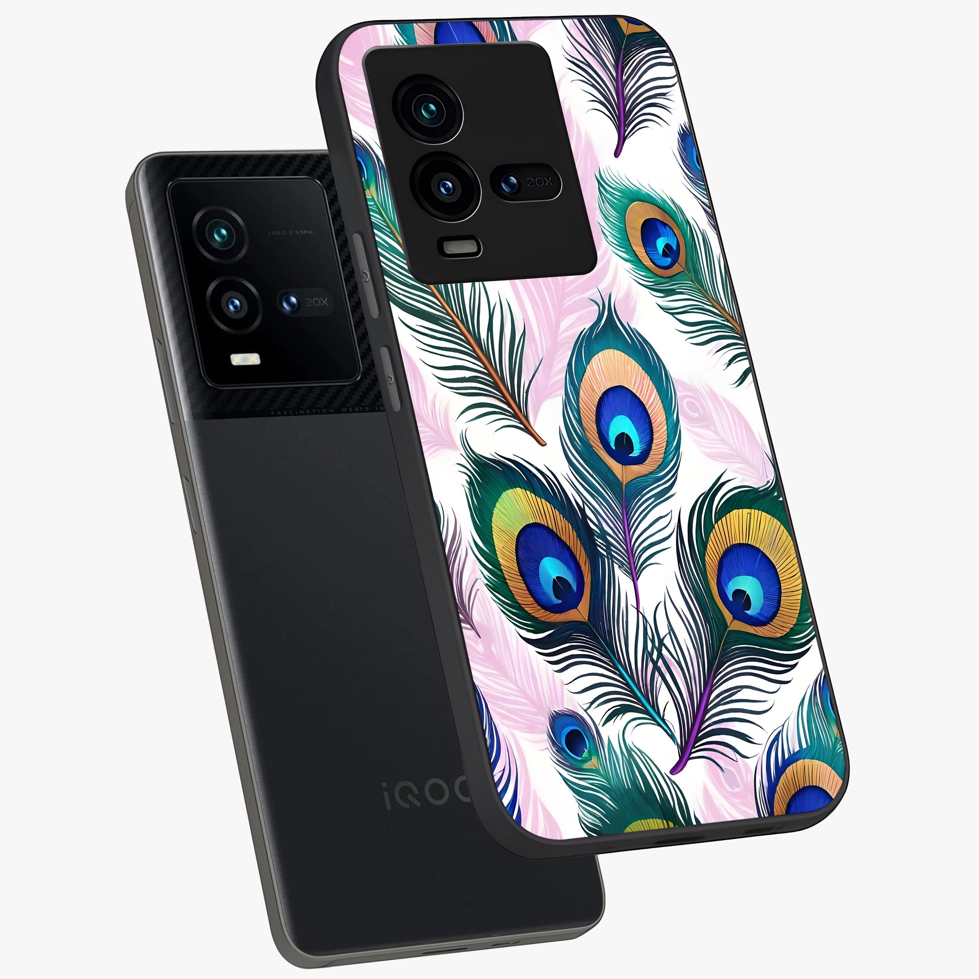 Royal Peacock Feathers Glass Case displayed in angled mockup highlighting vibrant feather pattern with regal aesthetic style.