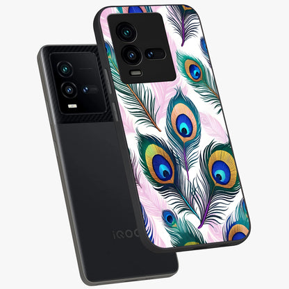 Royal Peacock Feathers Glass Case displayed in angled mockup highlighting vibrant feather pattern with regal aesthetic style.