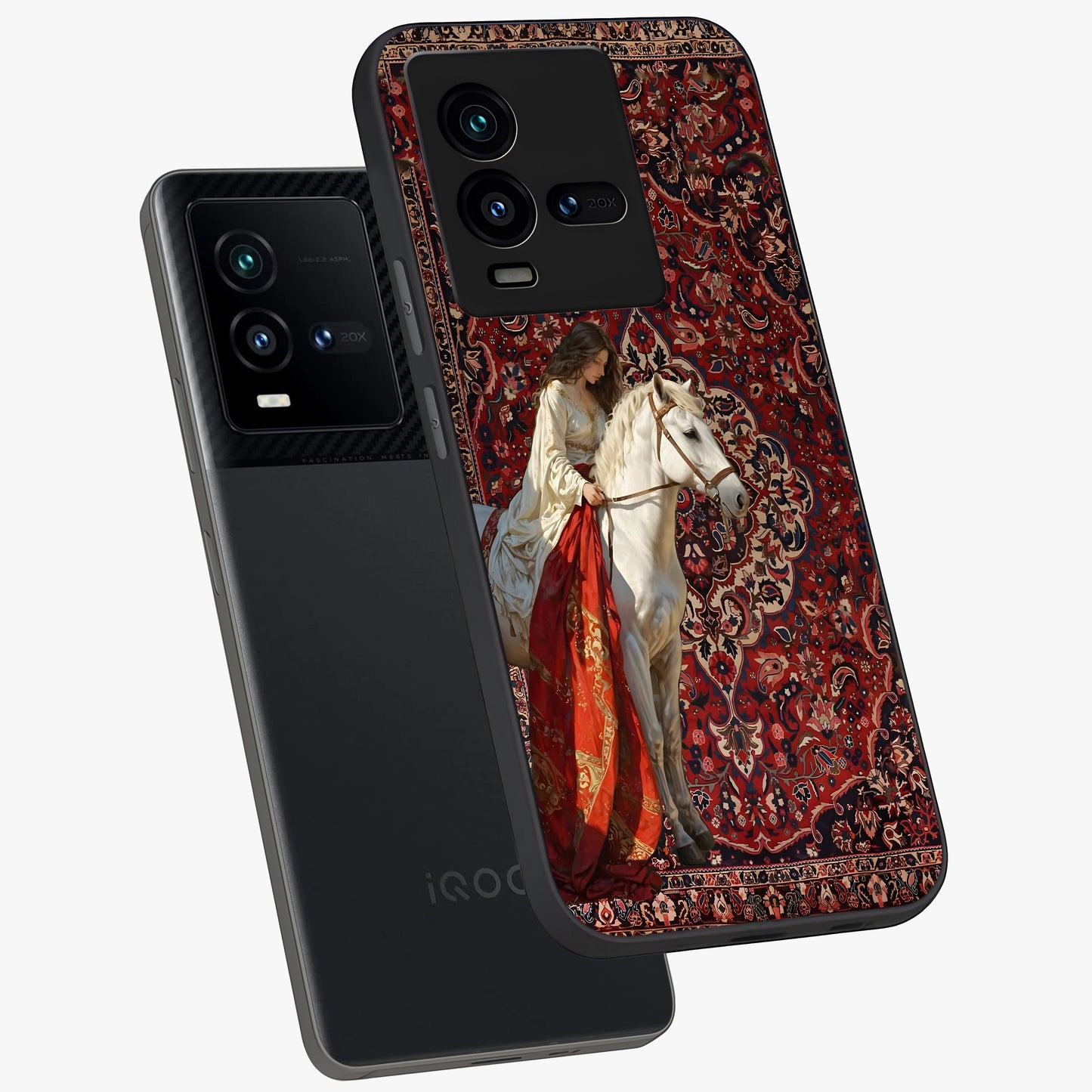 Royal Rider Tapestry Glass Case displayed in angled mockup highlighting traditional tapestry design with royal heritage aesthetic.