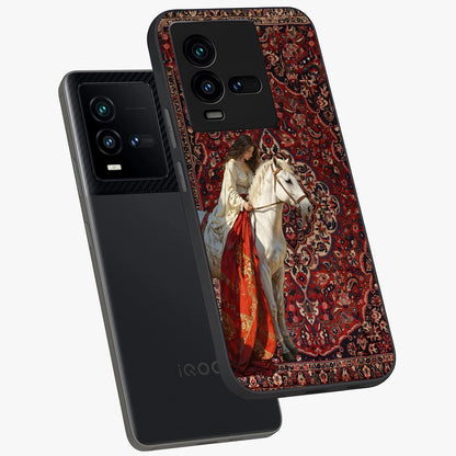 Royal Rider Tapestry Glass Case displayed in angled mockup highlighting traditional tapestry design with royal heritage aesthetic.