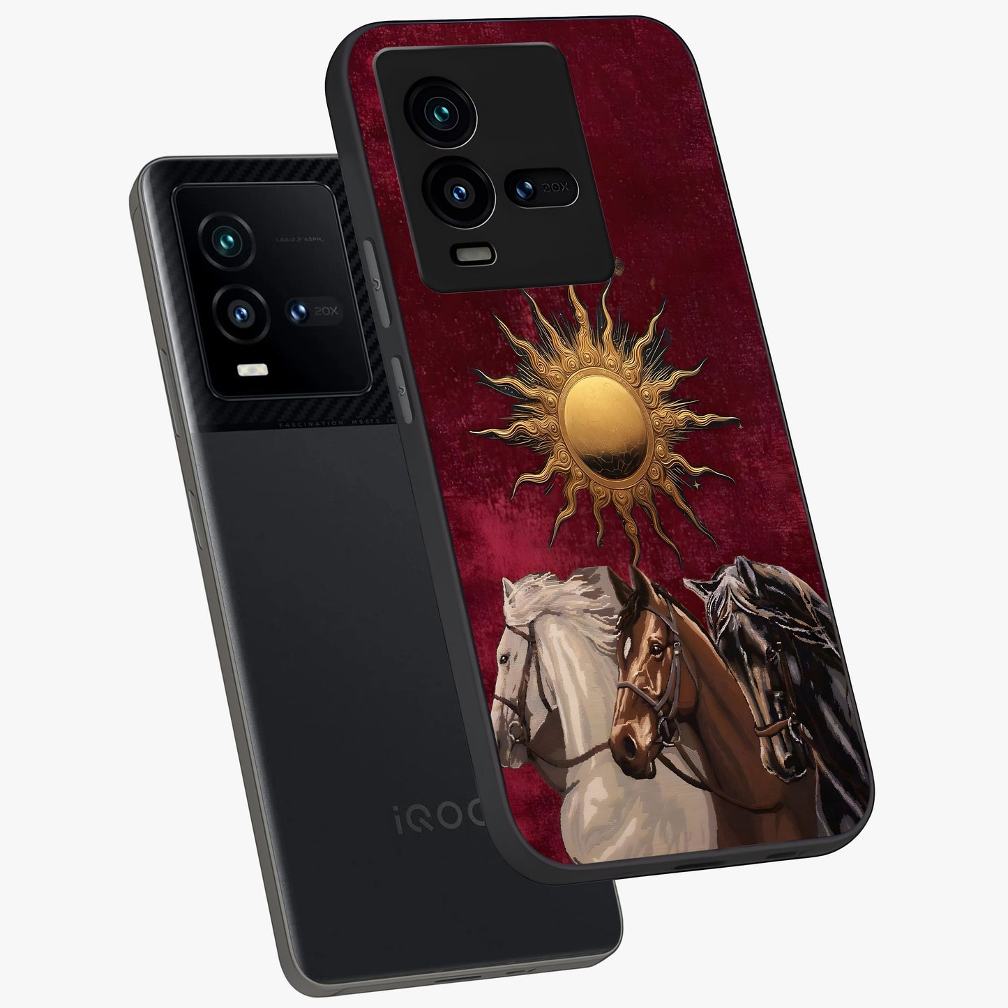 Solar Riders Glass Case displayed in angled mockup highlighting powerful rider illustration with radiant solar aesthetic.