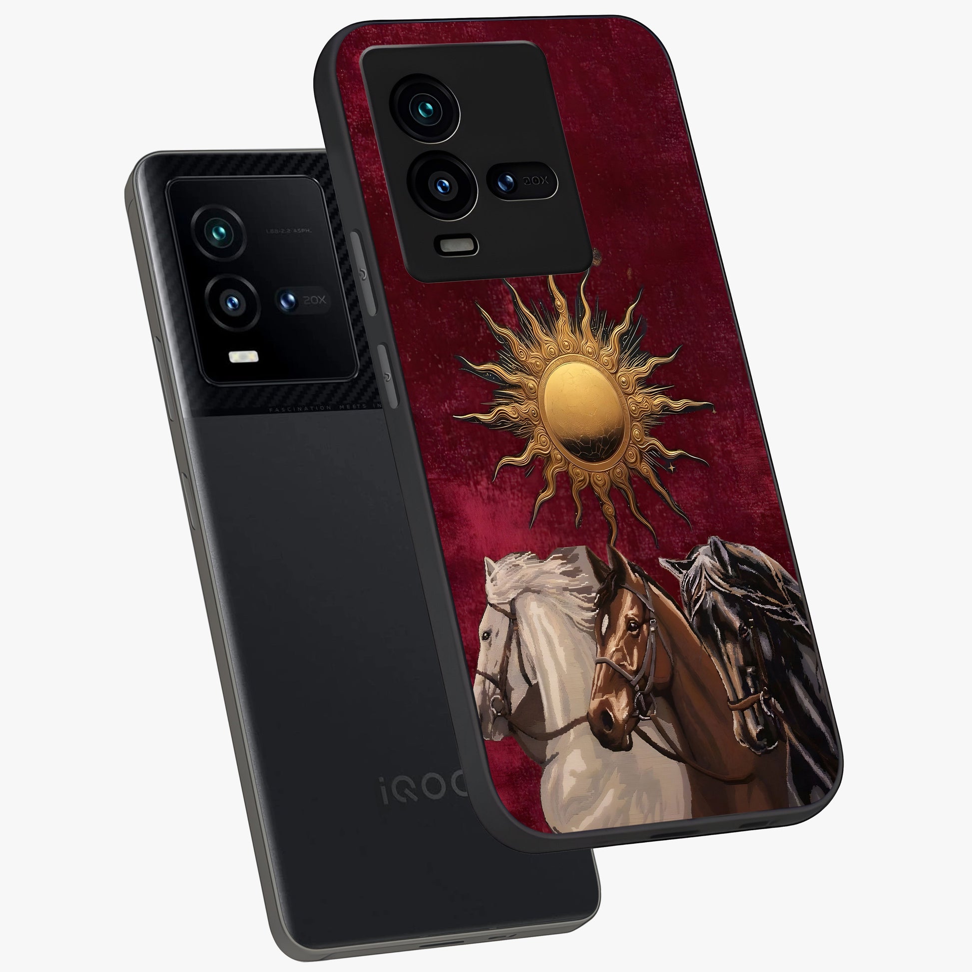 Solar Riders Glass Case displayed in angled mockup highlighting powerful rider illustration with radiant solar aesthetic.
