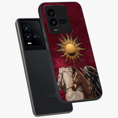 Solar Riders Glass Case displayed in angled mockup highlighting powerful rider illustration with radiant solar aesthetic.