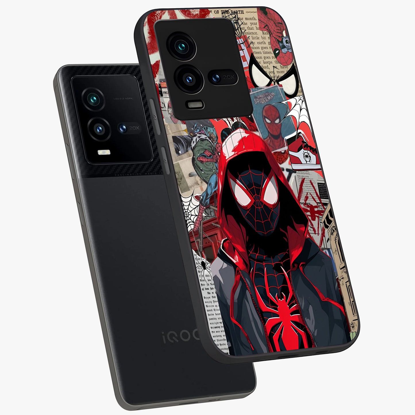 Spider Collage Street Glass Case displayed in angled mockup highlighting dynamic street style collage design with comic aesthetic.