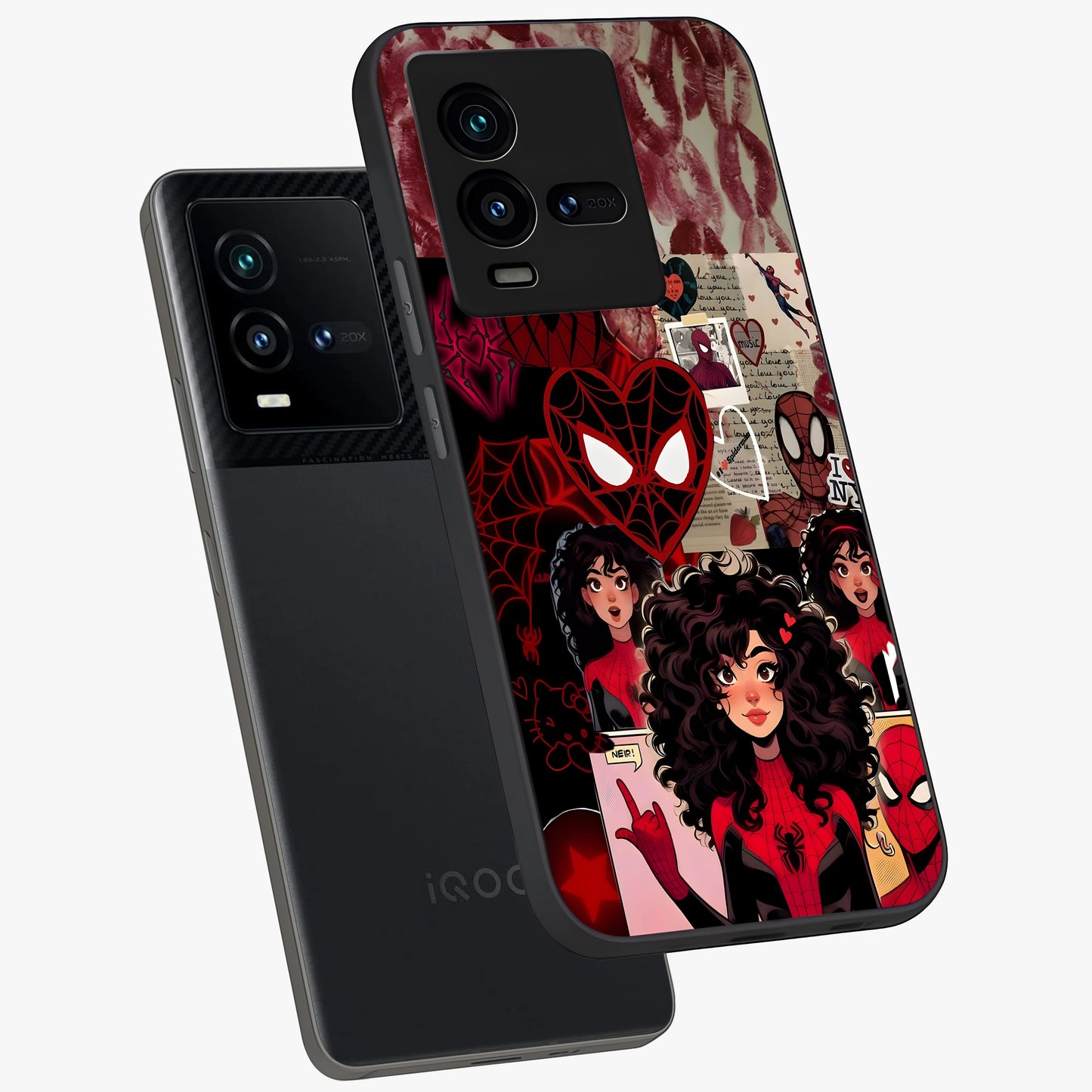 Spider Love Story Glass Case displayed in angled mockup highlighting expressive comic inspired design with playful aesthetic.