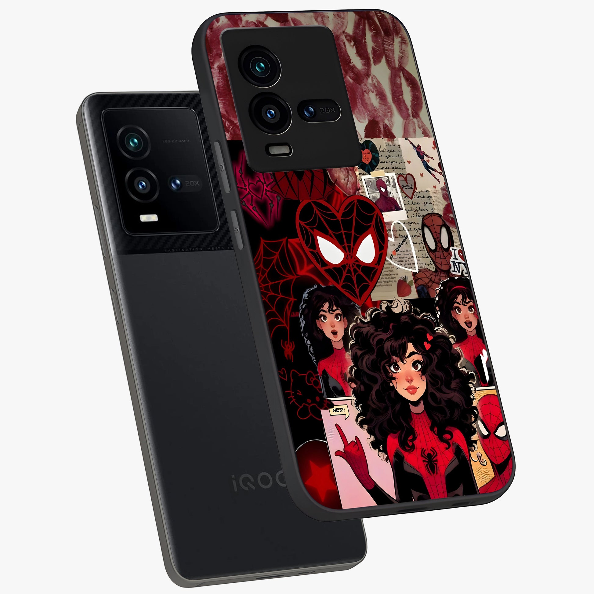 Spider Love Story Glass Case displayed in angled mockup highlighting expressive comic inspired design with playful aesthetic.