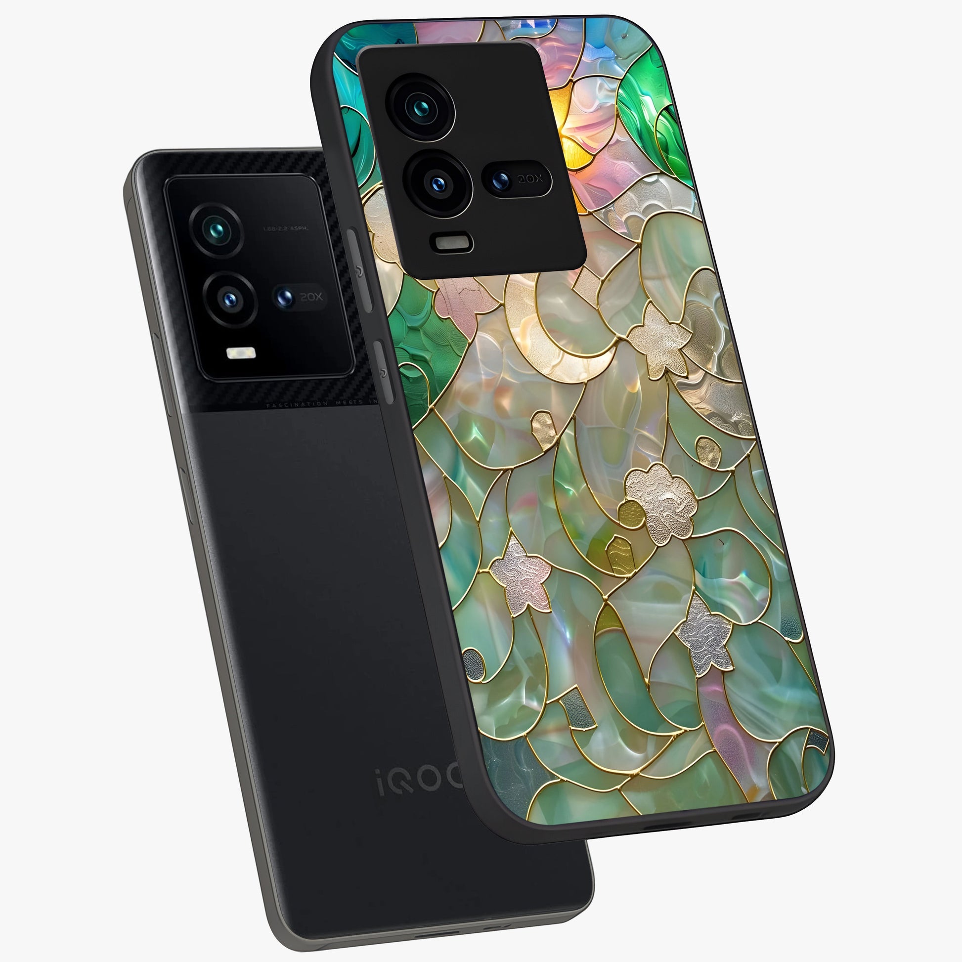 Stained Sunrise Glow Glass Case displayed in angled mockup highlighting radiant sunrise design with artistic aesthetic style.