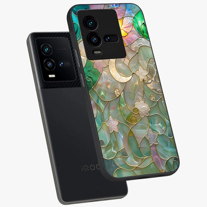 Stained Sunrise Glow Glass Case displayed in angled mockup highlighting radiant sunrise design with artistic aesthetic style.