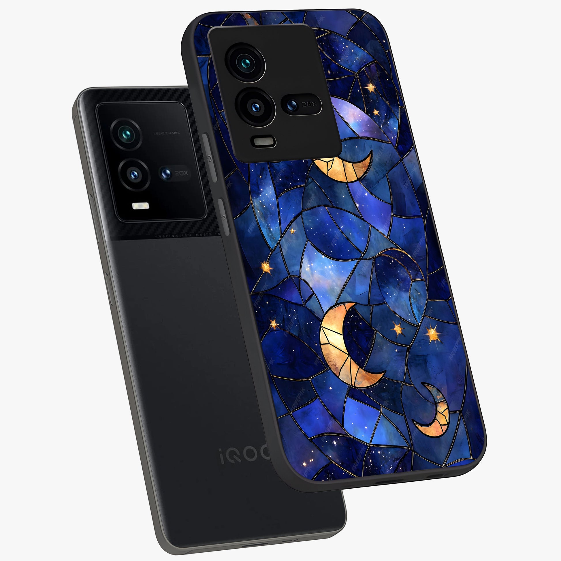 Starlit Sky Tapestry Glass Case displayed in angled mockup highlighting celestial night pattern with artistic aesthetic style.