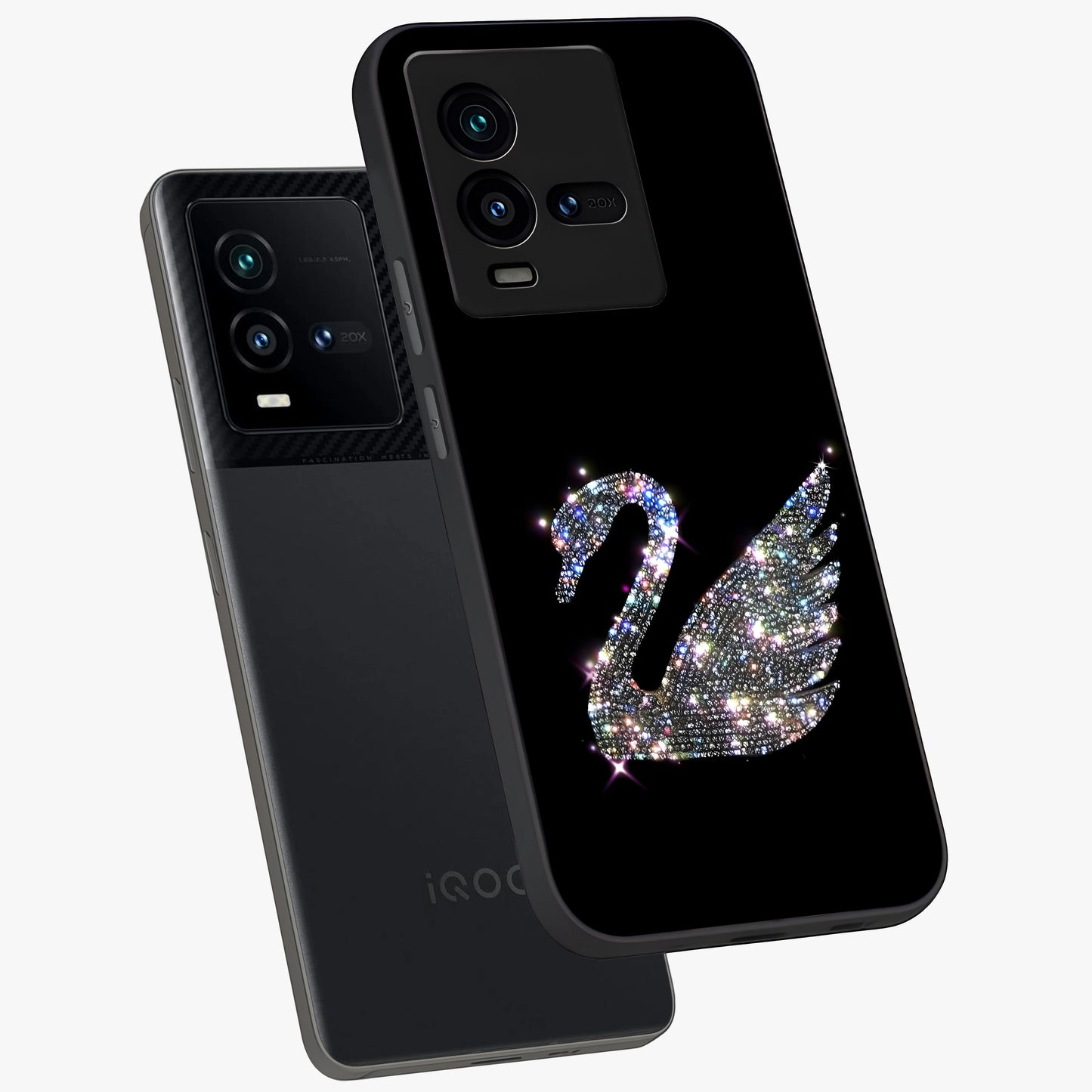 Starlit Swan Grace Glass Case displayed in angled mockup highlighting elegant swan illustration with dreamy celestial aesthetic.