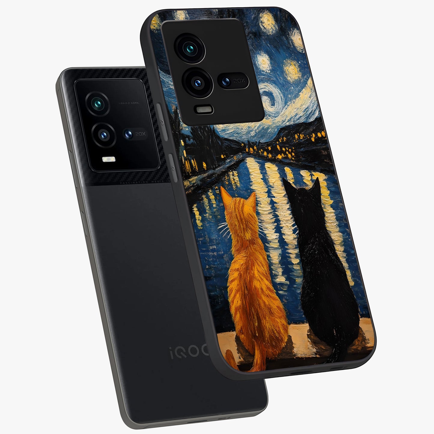 Starry River Cats Glass Case displayed in angled mockup highlighting charming feline illustration with dreamy night aesthetic.