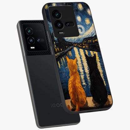 Starry River Cats Glass Case displayed in angled mockup highlighting charming feline illustration with dreamy night aesthetic.