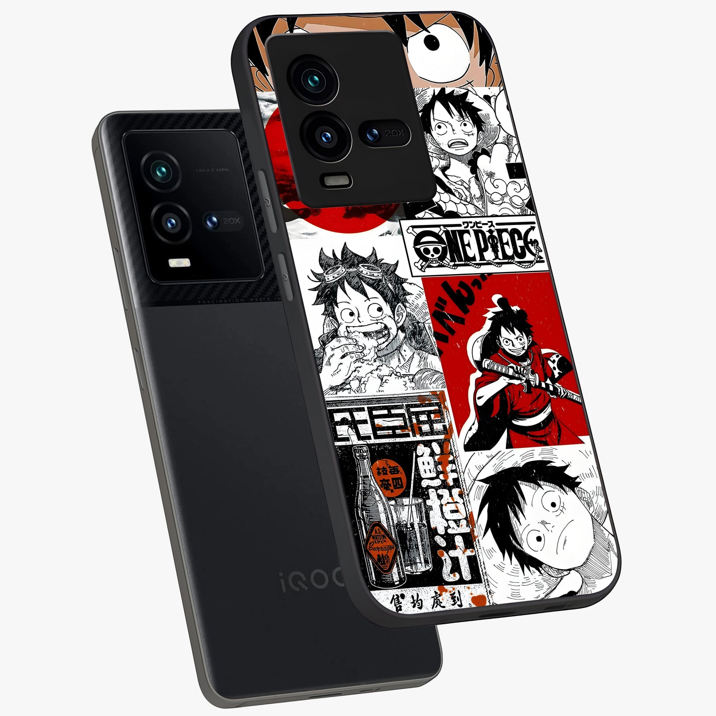 Strawhat Chaos Panels Glass Case displayed in angled mockup highlighting vibrant anime collage design with action aesthetic.