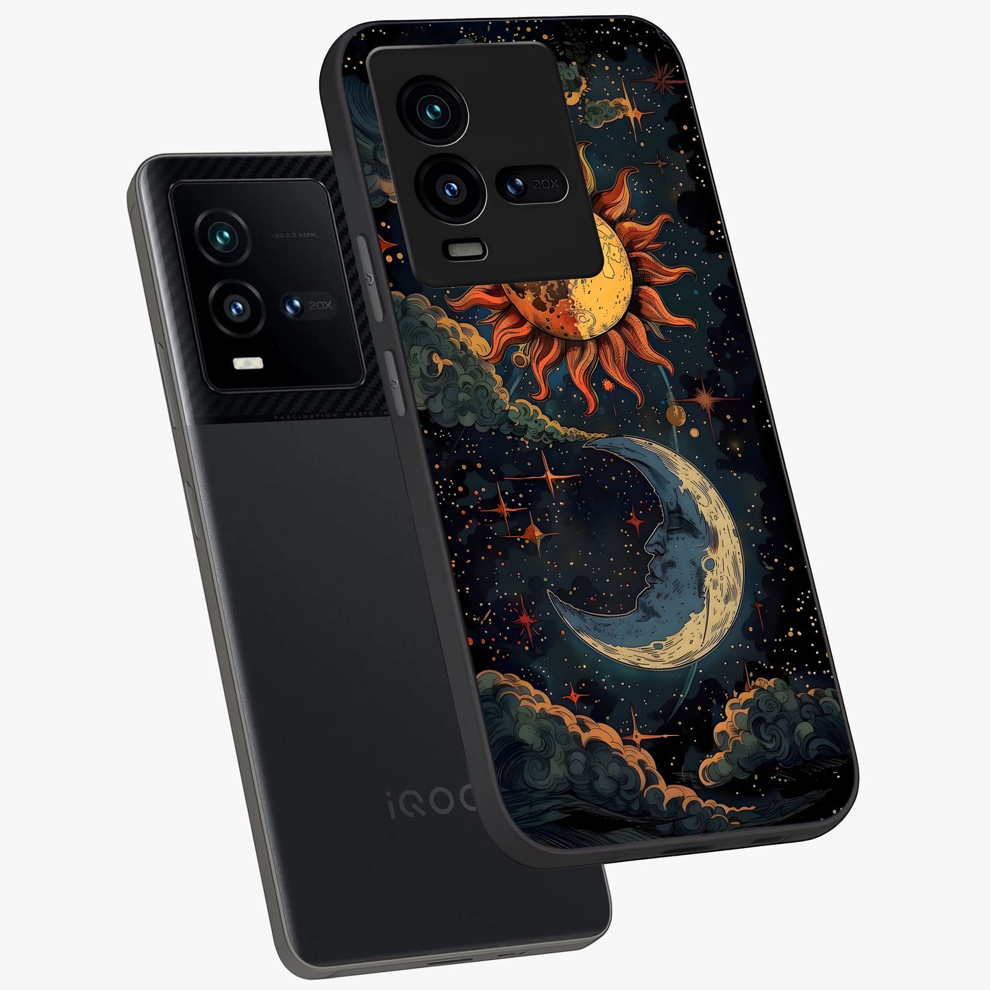 Sun And Moon Magic Design Glass Case displayed in angled mockup highlighting celestial design with magical cosmic aesthetic.