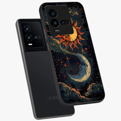Sun And Moon Magic Design Glass Case displayed in angled mockup highlighting celestial design with magical cosmic aesthetic.