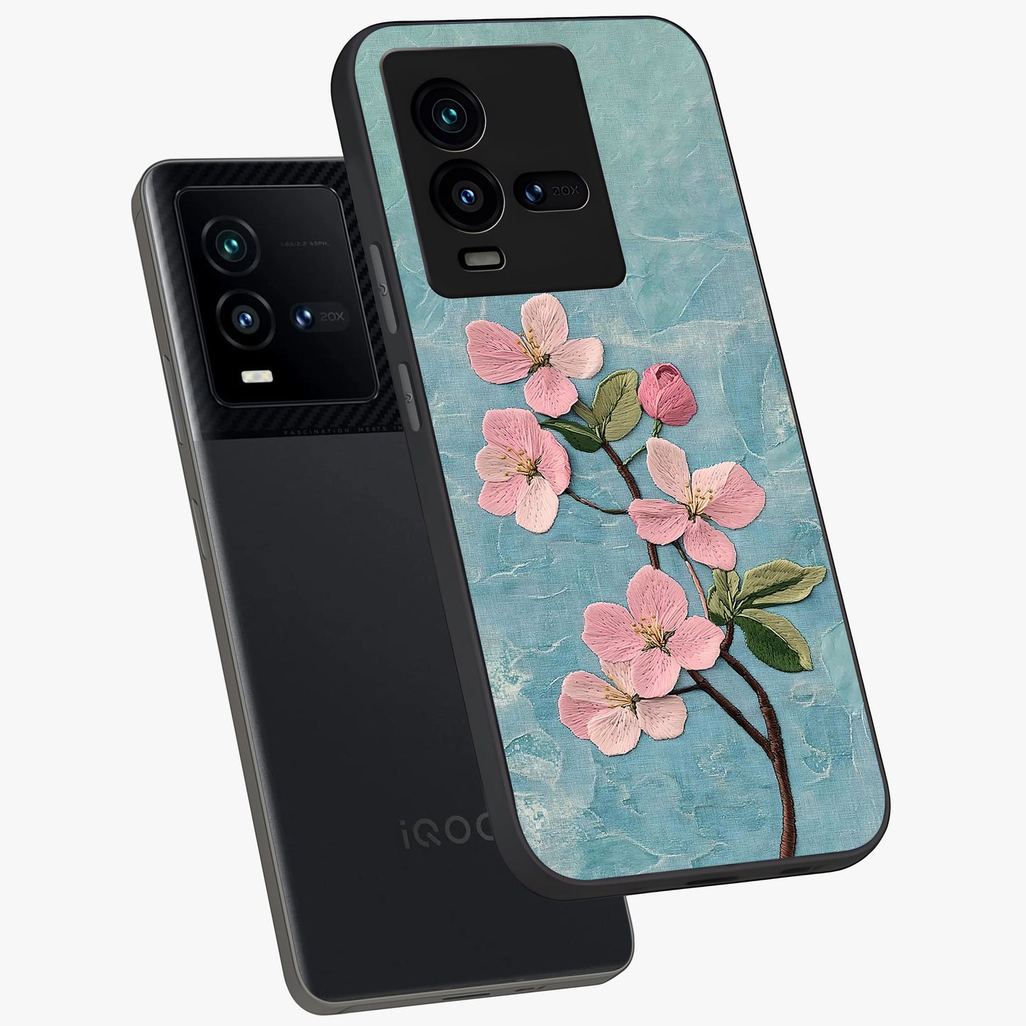 Threaded Blossom Breeze Glass Case displayed in angled mockup highlighting elegant floral design with soft aesthetic style.