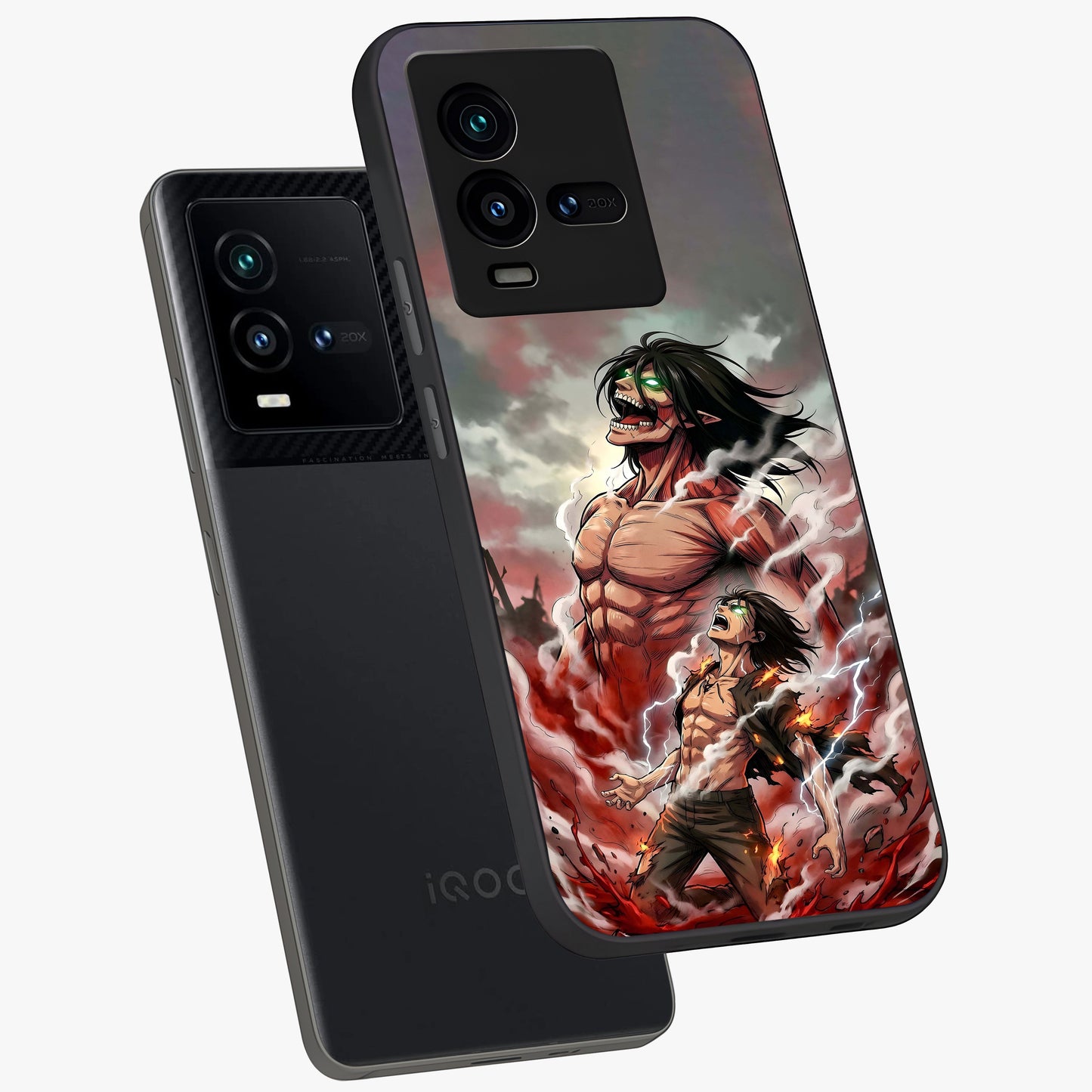 Titan Awakening Fury Glass Case displayed in angled mockup highlighting dramatic giant warrior design with bold anime aesthetic.