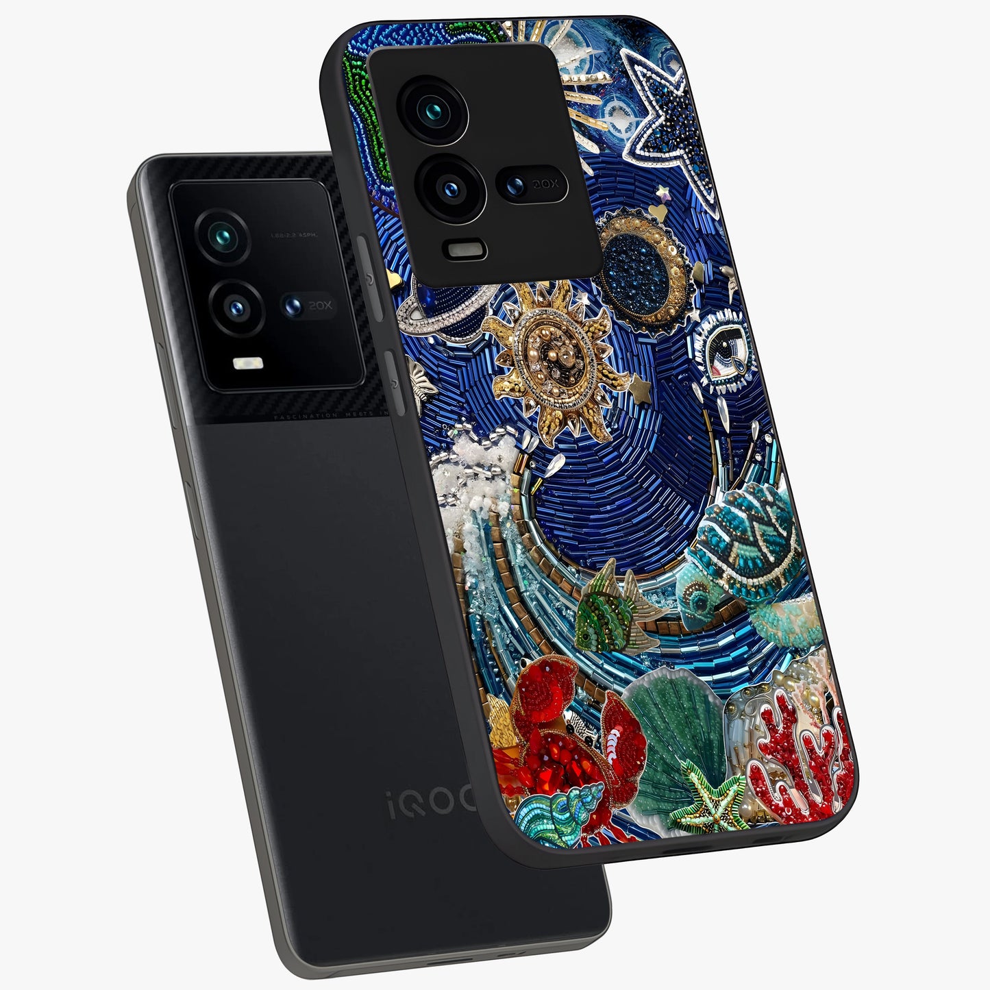 Universe Underwater Spark Glass Case displayed in angled mockup highlighting glowing aquatic design with celestial aesthetic.