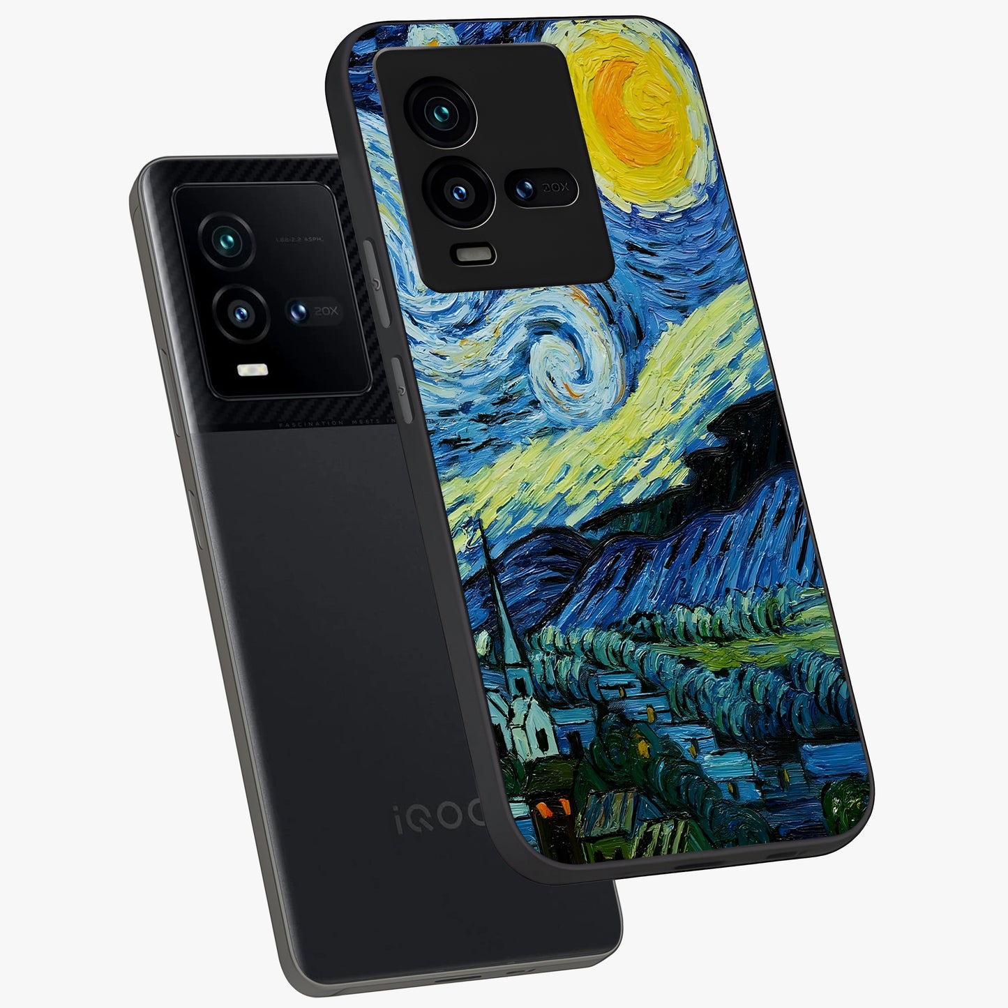 Van Gogh Art Glass Case displayed in angled mockup highlighting swirling brushstroke design with artistic aesthetic.