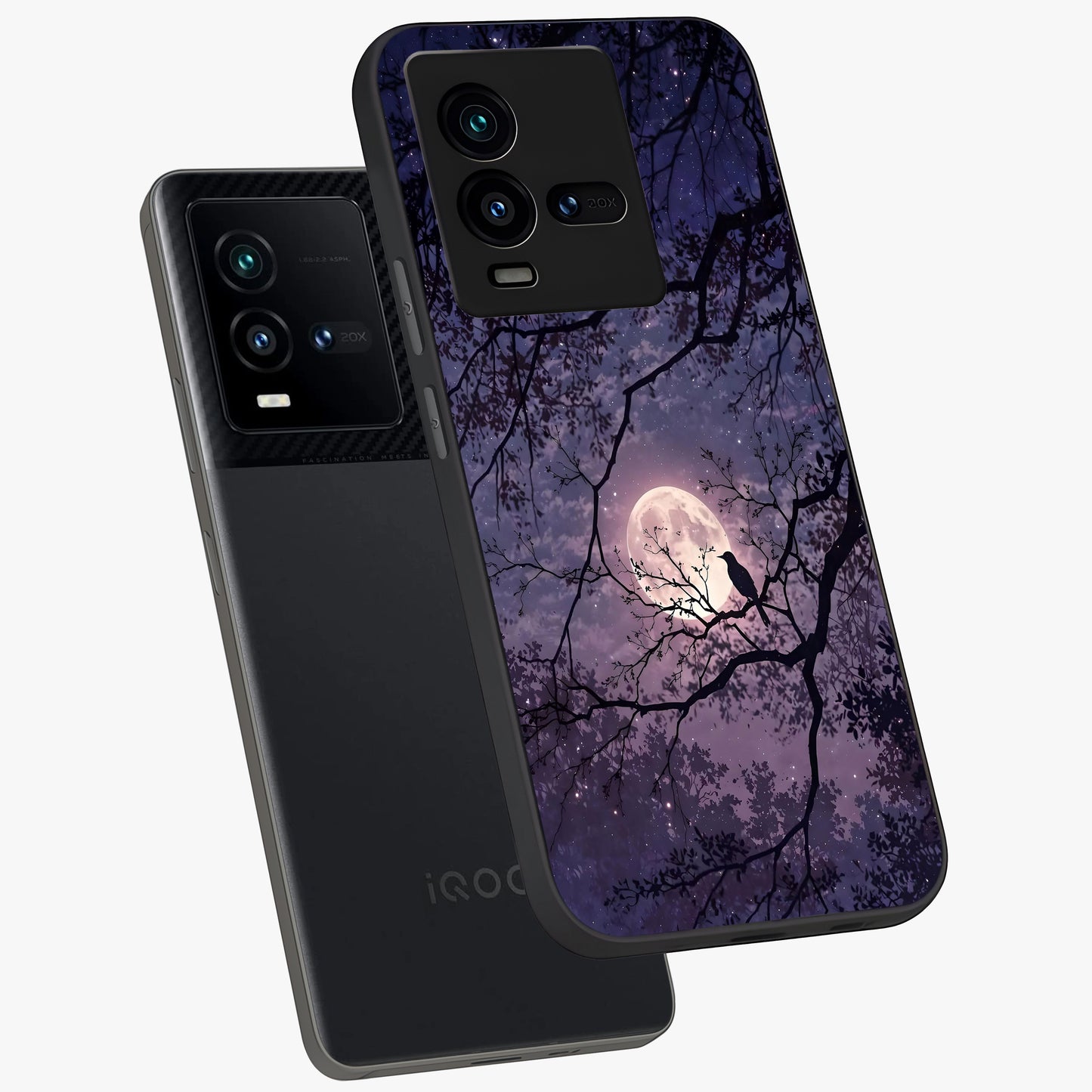 Whispering Moon Silence Glass Case displayed in angled mockup highlighting calm lunar design with dreamy night aesthetic.