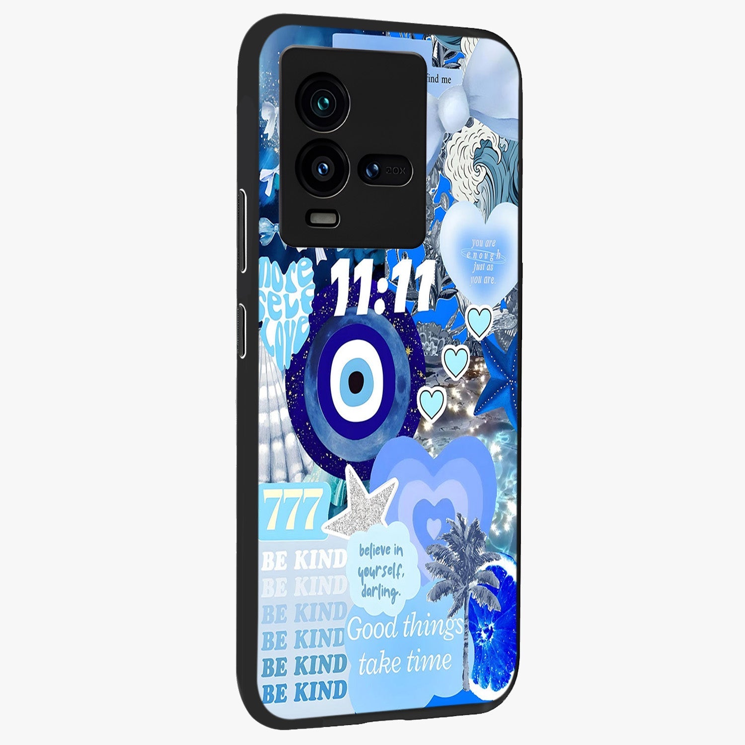 Aesthetic Be Kind Eye Glass Case upright view showcasing stylish eye illustration with positive message theme.